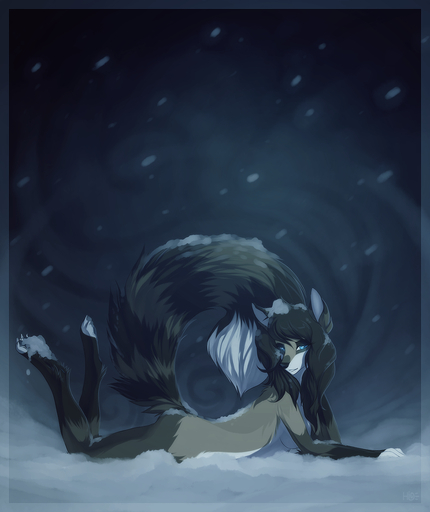 anthro biped blue_eyes breasts brown_hair cold cool_colors female fur hair hioshiru looking_at_viewer lying mammal night nude on_front outside pose procyonid raccoon side_boob snow snowing solo stripes tan_body tan_fur topaz_(lipton) // 963x1147 // 739.4KB