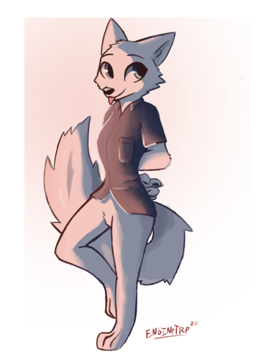 2020 anthro arctic_fox barefoot biped black_nose border bottomless canid canine cheek_tuft clothed clothing crotch_tuft digital_media_(artwork) enginetrap facial_tuft featureless_crotch feet female fluffy fluffy_tail fox fur hands_behind_back head_tuft hi_res light lighting mammal pawpads shaded shirt signature simple_background skye_(zootopia) smile solo tongue tongue_out topwear tuft vulpes white_body white_border white_fur // 1090x1479 // 558.5KB