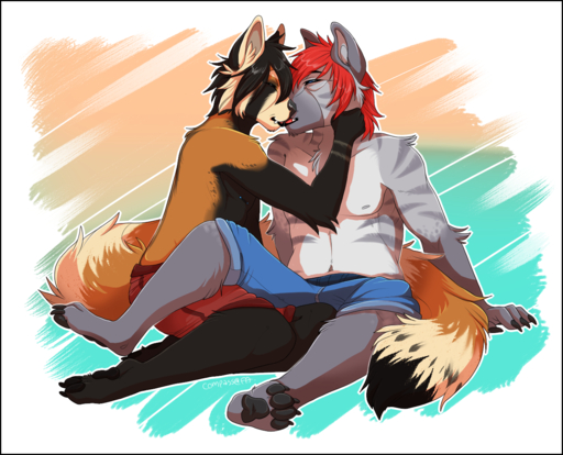 ailurid anthro black_border border clothing compass_(artist) duo fur hair hyaenid kissing male malemale mammal nipple_piercing nipples piercing red_panda sitting slightly_chubby striped_hyena underwear // 1332x1078 // 977KB