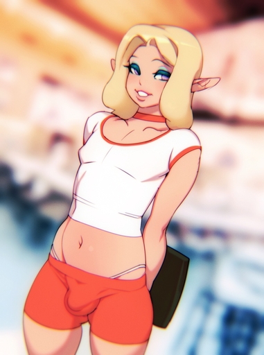 blonde_hair bottomwear bulge choker clothing doxy elf genital_outline girly hair humanoid humanoid_pointy_ears jewelry male mammal midriff navel necklace not_furry panties penis_outline shorts solo tight_clothing underwear visible_underwear // 596x800 // 126.3KB