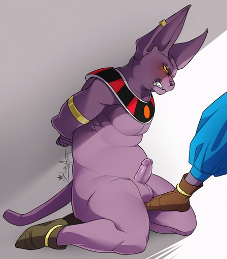 2017 ambiguous_gender angry anklet anthro armlet ball_fondling balls bdsm beerus belly big_cheeks big_ears blush bondage bottomwear bound champa chubby_cheeks clothing disembodied_leg domestic_cat domination dragon_ball dragon_ball_super duo ear_piercing erection faceless_ambiguous faceless_character feet_on_balls felid feline felis fondling footwear frown fur genitals grimace hairless hairless_cat hands_behind_back hazakyaracely hi_res humanoid_genitalia humanoid_penis humiliation jewelry male maleambiguous male_focus mammal mostly_nude pants pecs penis piercing puffed_cheeks purple_body purple_fur questionable_consent scowl shoes signature sitting slightly_chubby solo_focus sphynx_(cat) teeth thick_thighs wince // 1120x1280 // 137.1KB