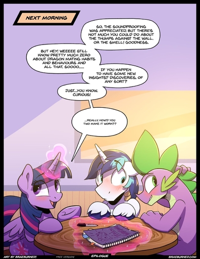 after_sex blush book braeburned comic dialogue digital_media_(artwork) dragon embarrassed english_text equid equine female feral group hi_res horn horse humor looking_away male mammal rubbing_head scalie shaded shining_armor_(mlp) speech_bubble spike_(mlp) text twilight_sparkle_(mlp) unicorn url // 1280x1656 // 394.4KB
