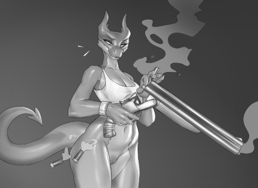 2020 anthro bottomless breasts clothed clothing female genitals glistening glistening_body gun hi_res horn monochrome navel pussy ranged_weapon reloading scalie shirt shotgun smoke solo swameliz tank_top topwear weapon // 3041x2213 // 1.1MB