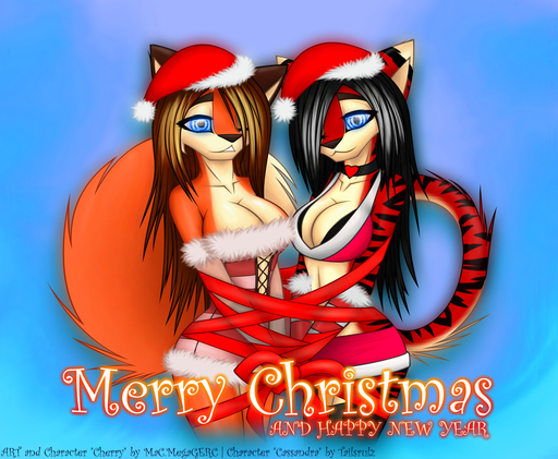 anthro blue_eyes canid canine cassandra_(tailsrulz) cherry_(macmegagerc) christmas clothed clothing duo felid female fox holidays macmegagerc mammal pantherine ribbons simple_background skimpy tiger // 1264x1040 // 1.2MB