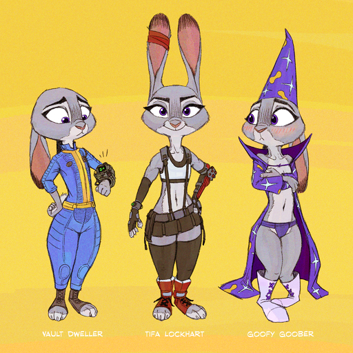 1:1 2020 anthro blush clothed clothing cosplay dipstick_ears ears_down english_text female fully_clothed fur grey_body grey_fur hi_res judy_hopps lagomorph leporid mammal midriff multicolored_ears navel pip-boy pivoted_ears purple_eyes rabbit samur_shalem short simple_background skimpy smile solo standing text tifa_lockhart toeless_legwear vault_suit video_games yellow_background // 2048x2048 // 7.3MB