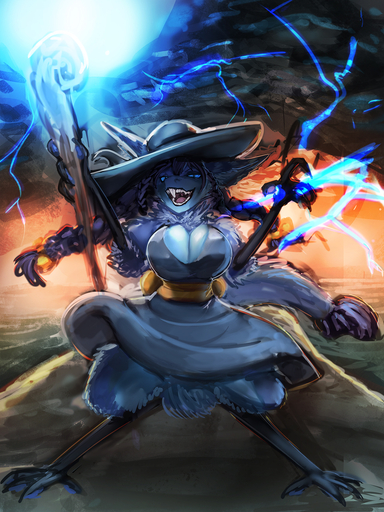 3:4 anthro big_breasts blue_body blue_fur braided_hair breasts clothing dress female fur general-irrelevant hair hat headgear headwear hi_res holding_object holding_staff magic mammal open_mouth smile solo staff webcomic yinglet // 1080x1440 // 1.1MB