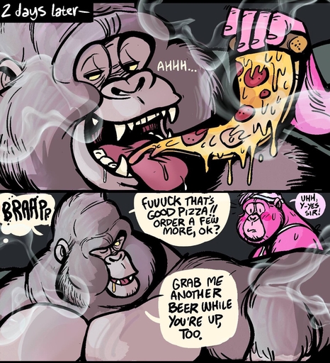 2018 anthro ape blush burping clothed clothing dialogue dramamine dramarilla duo english_text food gorilla haplorhine hi_res male malemale mammal muscular muscular_male open_mouth pecs pizza primate shirt smoke speech_bubble tank_top text tongue tongue_out topwear // 1166x1280 // 603KB