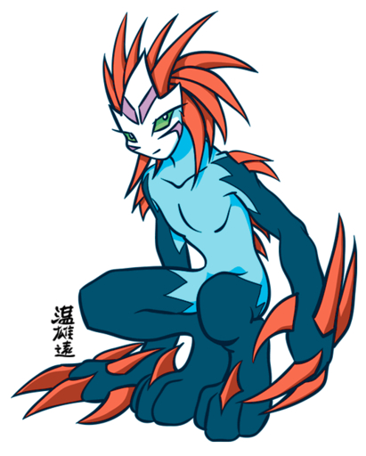 anthro biped blue_body claws digital_media_(artwork) green_eyes hair male nude orange_hair paws simple_background solo spikes unknown_species white_background zaush // 541x674 // 69KB