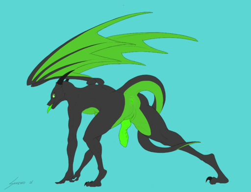 2021 absurd_res animal_genitalia anthro anus black_body butt claws crouching digital_media_(artwork) digitigrade dragon genital_slit genitals glowing glowing_anus glowing_eyes glowing_genitalia glowing_penis green_body green_eyes green_penis green_tongue hi_res horn knot looking_at_viewer looking_back looking_back_at_viewer male penis raised_wings scalie shredded_wheat signature simple_background slit solo spiked_penis spikes spikes_(anatomy) stretching tongue tongue_out western_dragon wings // 3550x2717 // 931.2KB