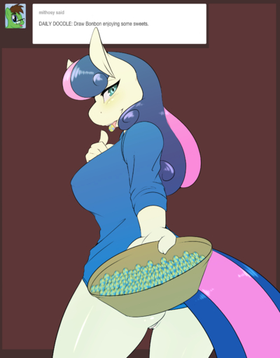 2015 absurd_res anthro anthrofied avante92 blue_eyes blue_hair bonbon_(mlp) bottomless bowl brown_background candy clothed clothing container dessert earth_pony english_text equid equine female food genitals hair hi_res holding_object horse long_hair mammal multicolored_hair pink_hair pony pussy simple_background solo text two_tone_hair // 2640x3380 // 1.4MB