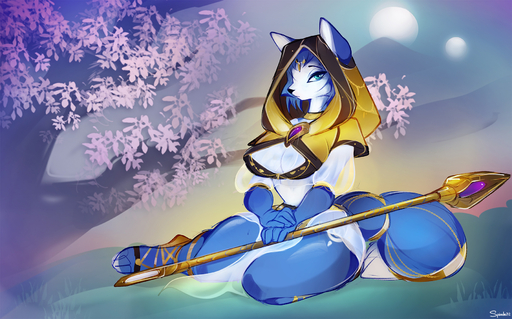 anthro background_sky blue_body blue_eyes bottomwear breasts canid canine clothed clothing digital_media_(artwork) female fox gem hair hi_res holding_object hood jewelry krystal light loincloth looking_at_viewer mammal melee_weapon moon moonlight outside plant solo spirale staff topwear tree video_games weapon // 1800x1123 // 1.2MB