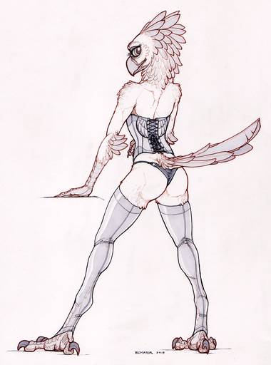 2015 ambiguous_gender anthro avian bird_feet butt claws clothed clothing corset digitigrade ecmajor feathers legwear lingerie looking_at_viewer looking_back monochrome panties simple_background solo stockings topwear underwear // 886x1194 // 1.5MB