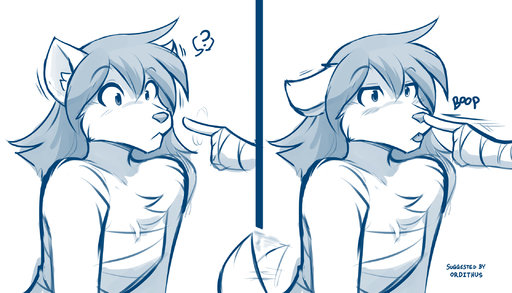 2022 7:4 ambiguous_species anthro bare_shoulders blep blue_and_white boop canid canine canis chest_tuft chest_wraps comic conditional_dnp confusion disembodied_hand female gesture hi_res humor keidran mammal monochrome natani nose_boop pointing pointing_at_face question_mark simple_background sketch solo_focus sound_effects tail_motion tailwag tom_fischbach tongue tongue_out tuft webcomic white_background wolf wraps // 2240x1280 // 693.0KB