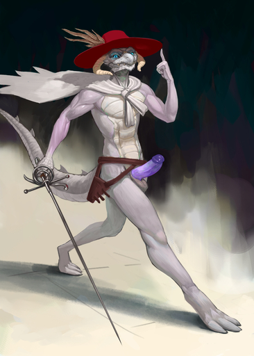 absurd_res anthro clothing dd dragon erection genitals hat headgear headwear hi_res humanoid_genitalia humanoid_penis male melee_weapon muscular muscular_anthro muscular_male nebaglubina penis solo sword weapon // 2500x3500 // 2.1MB