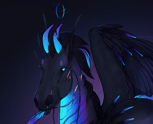 2019 ambiguous_gender arsauron black_body black_feathers blue_eyes digital_media_(artwork) equid equine feathered_wings feathers halo horn horse mammal pegasus simple_background solo wings // 1043x845 // 1.1MB