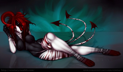 anthro black_body black_fur black_sclera breasts demon female fur hair horn looking_at_viewer multi_tail nipples nude red_eyes red_hair solo stripes unknown_species vexstacy white_body white_fur // 1280x747 // 122KB