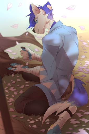 2020 2:3 4_toes 5_fingers anthro black_nose canid canine canis clothed clothing day detailed_background digital_media_(artwork) dragon feet fingers hair hi_res hybrid kneeling kodashi male mammal outside purple_hair soarin_(soarinarts) solo toes wolf // 800x1200 // 719.0KB