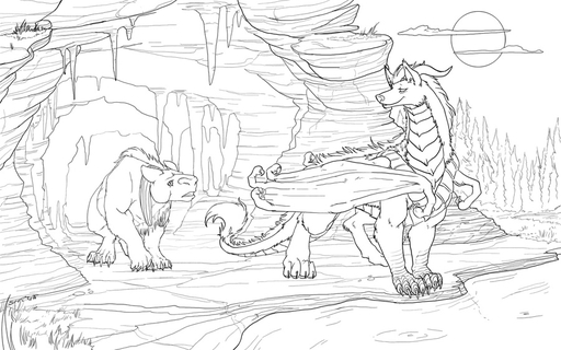anthro black_and_white canid canine carra cave claws conditional_dnp detailed_background disarine dragon duo female forest fur hesitant hindpaw horn hybrid inks leading line_art mammal membrane_(anatomy) membranous_wings monochrome outside paws plant scales scalie sefeiren sketch smile tree unsure water wings wood // 900x563 // 211.1KB