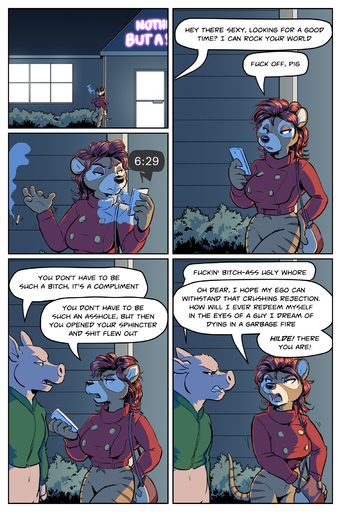 2019 2:3 angry anthro argument bottomless breasts building casual_exposure cigarette clothed clothing comic dasyuromorph dialogue digital_media_(artwork) domestic_pig duo english_text female hair hi_res littering male mammal marsupial olivia_van_der_sar outside phone plant pouch_(anatomy) profanity purse red_hair rick_griffin sarcasm sexual_harassment shirt shrub smoking suid suina sus_(pig) text thylacine topwear // 1200x1800 // 1.3MB