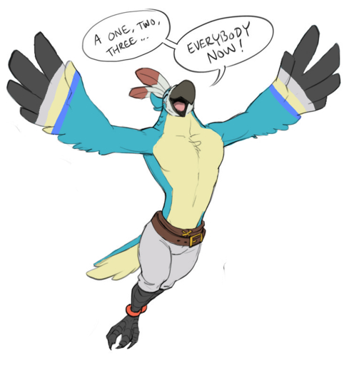 anklet anthro avian belt bird bottomwear breath_of_the_wild clothed clothing colored dancing dialogue digital_media_(artwork) edit english_text feathers headgear headwear jewelry kass_(tloz) male muscular muscular_anthro muscular_male nintendo open_mouth pecs portrait rito shorts smile solo talons text the_legend_of_zelda topless video_games winged_arms wings zaush // 763x777 // 200.0KB