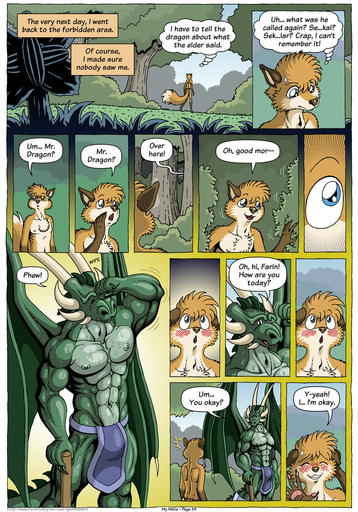 2016 abs anthro axe biceps big_muscles blush bodily_fluids bottomwear canid canine chest_tuft clothed clothing comic countershading dialogue dragon duo english_text farin forest fox fur geminisaint green_body green_scales grin hi_res horn loincloth male mammal melee_weapon membrane_(anatomy) membranous_wings multicolored_body multicolored_fur muscular nature nipples open_mouth orange_body orange_fur pecs plant quads scales scalie sekk'ral shy size_difference smile speech_bubble spines stare sweat text topless tree tuft two_tone_body two_tone_fur vein weapon white_body white_countershading white_fur wide_eyed wings // 896x1280 // 614.8KB