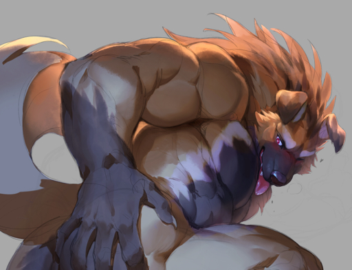 2015 abs anthro athletic biceps big_muscles black_body black_fur black_nose blush brown_body brown_fur butt canid canine claws colored detailed digital_media_(artwork) fangs floppy_ears fur grey_background grey_claws hand_on_butt huge_muscles humanoid_hands light looking_at_viewer male mammal markings multicolored_body multicolored_fur muscular muscular_anthro muscular_male nude null-ghost paws pecs pink_eyes pink_tongue shaded simple_background solo teeth tongue tongue_out toony white_body white_fur white_markings // 841x645 // 667.8KB