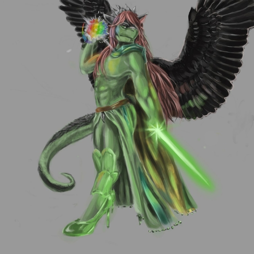 1:1 anthro armor biped bodysuit bottomwear brown_hair cape ceinios clothing codpiece crystal dragon feathered_dragon feathered_wings feathers footwear green_eyes hair hi_res high_heels killioma long_hair magic magic_user male melee_weapon pumps rainbow scalie shoes simple_background skinsuit skirt solo sword tight_clothing weapon wings // 1280x1280 // 136.2KB