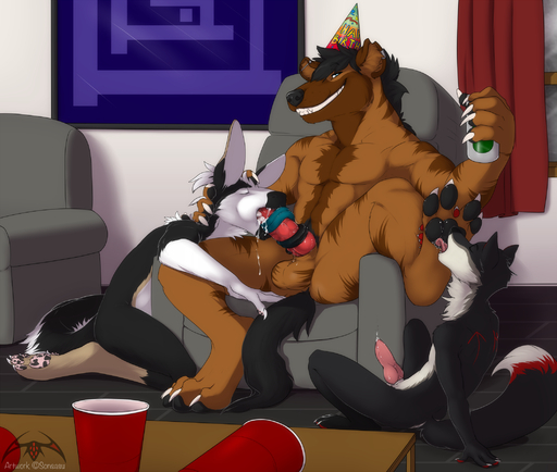 2015 4_toes 5_fingers abs animal_genitalia animal_penis anthro balls between_toes biceps birthday black_nose black_pawpads bodily_fluids canid canine canine_penis chair claws clothing cum cum_in_mouth cum_inside cum_leaking cum_on_face cum_on_tongue detailed_background digital_media_(artwork) dipstick_tail dragon drinking drool_on_feet ear_piercing english_text erection eyes_closed feet fellatio fingers foot_fetish foot_grab foot_lick foot_play fox fur furniture furred_dragon genital_fluids genitals grimmjaw grin group group_sex hat headgear headwear hi_res hindpaw holding_object hyaenid industrial_piercing kneeling knot licking long_ears long_tail long_tongue male malemale mammal mottled mottled_pawpads multicolored_body multicolored_fur multicolored_tail muscular nude oral orgasm party pawpads paws pecs penile penis piercing sakyubasu sex sitting smile smirk soles sonsasu spread_legs spread_toes spreading striped_hyena text thash threesome toe_claws toes tongue tongue_out tonguejob trio two_subs_one_dom window // 2122x1800 // 1.7MB
