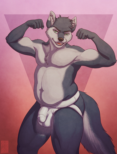 anthro belly bulge canid canine canis clothed clothing cocky confident digital_media_(artwork) flexing genital_outline glopossum jock jockstrap male mammal musclegut muscular muscular_anthro muscular_male penis_outline simple_background skimpy solo topless underwear wolf // 688x900 // 299.8KB