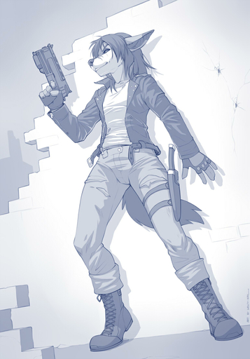 2014 anthro canid canine clothed clothing digital_media_(artwork) female fully_clothed gun handgun holding_gun holding_object holding_weapon katinka_vexoria knife mammal monochrome pistol ranged_weapon solo weapon wolfy-nail // 768x1100 // 186.6KB