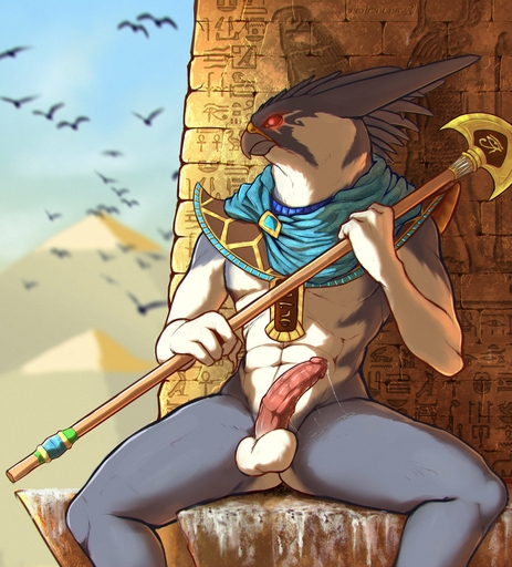 2020 4_fingers abs absurd_res ambient_bird anthro aroused athletic athletic_anthro athletic_male avian balls beak bird blue_clothing blue_topwear blurred_background bodily_fluids bottomless clothed clothing day deity digital_media_(artwork) egyptian egyptian_clothing egyptian_mythology erection exposed falcon falconid falcrus falcrus_(character) fan_axe feathers fierce fingers front_view frown genital_fluids genitals glans glowing glowing_eyes grey_beak grey_body grey_ears grey_feathers grey_skin heiroglyphs hi_res holding_object holding_polearm holding_weapon looking_aside male medial_ring melee_weapon middle_eastern_mythology multicolored_body multicolored_skin mythology outside penis peregrine_falcon pink_penis pinup polearm pose precum precum_string pyramid pyramids red_sclera sitting solo spread_legs spreading topwear two_tone_body two_tone_skin weapon white_balls white_body white_eyes white_skin // 2315x2560 // 1015.3KB