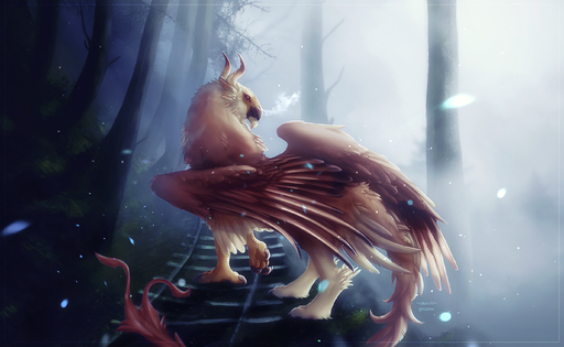 2018 arsauron avian claws curved_horn detailed_background digital_media_(artwork) feathered_wings feathers feral fog forest greame gryphon hi_res horn mythological_avian mythology plant solo standing tree wings // 2735x1680 // 5.3MB