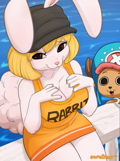 3:4 anthro antlers big_pupils blonde_hair breasts brown_body brown_eyes brown_fur carrot_(one_piece) cervid claws clothing conditional_dnp cotton_tail dilated_pupils dress eyebrows eyelashes fur hair hand_on_breast hat headgear headwear hi_res horn lagomorph leporid looking_at_breasts looking_at_viewer mammal open_mouth outside pink_nose pupils rabbit raised_eyebrow sea sefeiren sitting size_difference stripes tongue tony_tony_chopper water white_body white_fur // 900x1200 // 728.3KB