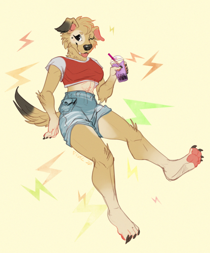 2020 4_toes 5_fingers anthro black_nose breasts brown_body brown_fur brown_hair canid canine canis clothed clothing digital_media_(artwork) domestic_dog feet female fingers fivel fur hair hi_res mammal smile solo toes // 1063x1280 // 2.9MB