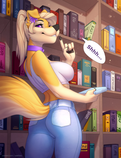 anthro blonde_hair breasts butt butt_pose canid canine clothed clothing eyelashes female flower hair library looking_at_viewer mammal michelle_(anarchyreigns) midriff plant pose side_boob smile solo spefides standing // 689x900 // 739.1KB