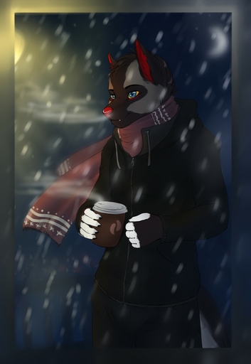 anthro beverage canid canine clothed clothing coffee dafka hi_res male mammal ozi-rz scarf smile snow solo // 882x1280 // 100.5KB