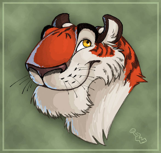 2007 black_eyes border brown_nose eyebrows felid feral fur green_background happy looking_back looking_up male mammal orange_body orange_fur pantherine simple_background solo stripes tiger traditional_media_(artwork) watermark whiskers wolfy-nail // 700x664 // 96.3KB