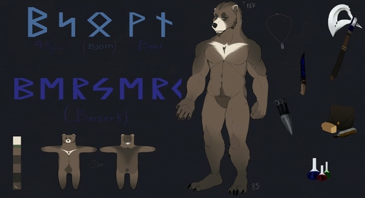anthro axe brown_body brown_fur catherinemeow claws fur green_eyes knife kunai male mammal melee_weapon model_sheet multicolored_body multicolored_fur muscular muscular_anthro muscular_male simple_background solo text two_tone_body two_tone_fur ursid weapon // 1280x694 // 84.4KB