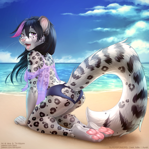 1:1 4_toes 5_fingers anthro beach biped black_hair black_spots butt clothed clothing day detailed_background digital_media_(artwork) feet felid female fingers fur grey_body grey_fur hair inner_ear_fluff iskra kneeling leopard looking_at_viewer mammal open_mouth outside pantherine pawpads paws pink_nose pink_tongue sand seaside shaded sky smile solo spots spotted_body spotted_fur teeth text toes tongue tril-mizzrim tuft url // 1000x1000 // 1.4MB