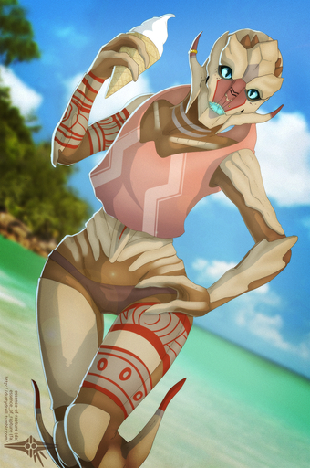 alien clothing essence_of_rapture female food hi_res humanoid ice_cream_cone mass_effect not_furry panties sabi_(pyrewerepyre) sleeveless_shirt solo standing turian underwear video_games // 849x1280 // 2.4MB
