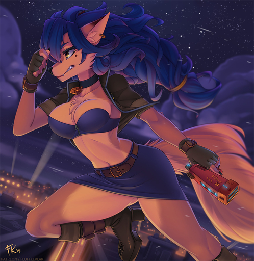 2018 amber_eyes anthro belt blue_hair boots bottomwear breasts canid canine carmelita_fox city clothing collar curled_hair ear_piercing female fluff-kevlar footwear fox gloves gun hair handwear jacket lipstick long_hair makeup mammal mole_(marking) piercing ranged_weapon running skirt sly_cooper sly_cooper_(series) solo sony_corporation sony_interactive_entertainment star sucker_punch_productions teeth topwear video_games weapon // 1164x1196 // 377.6KB