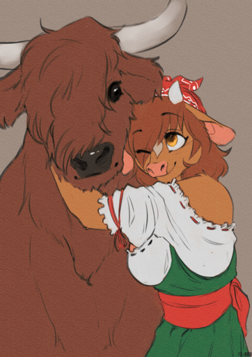 2018 ambiguous_gender anthro bovid bovine brown_hair cattle digital_media_(artwork) duo embrace female feral foxboy83 hair hi_res highland_cattle hug mammal marion_(changeling_tale) simple_background smile // 905x1280 // 2.0MB