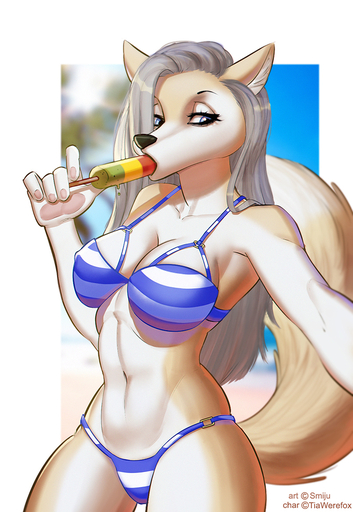 2017 5_fingers anthro athletic athletic_anthro athletic_female big_breasts biped black_nose blue_eyes border breasts canid canine cleavage clothed clothing day eyebrows eyelashes female fingers food food_fetish fox front_view fur grey_hair hair half-closed_eyes humanoid_hands inner_ear_fluff long_hair mammal narrowed_eyes navel outside pawpads popsicle portrait selfie shadow signature smiju snout solo standing sucking suggestive suggestive_food swimwear tan_body tan_fur three-quarter_portrait tuft white_border // 689x1000 // 523.5KB