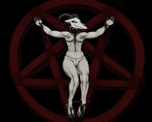 5:4 anthro areola baphomet_(deity) black_blood blood bodily_fluids bovid breasts caprine caprine_demon collar crucifixion deity demon female genitals goat_demon gore hladilnik hooves humanoid inverted_pentagram looking_at_viewer lucy_(hladilnik) mammal mature_female medium_breasts nipples nude pentagram pussy simple_background smile solo stitch_(disambiguation) thick_thighs toothy_grin wide_hips y_incision yellow_eyes // 1280x1024 // 589.9KB