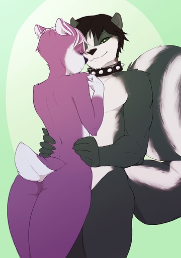 anthro badger black_hair butt collar doxy duo fur girly goth gothicskunk green_eyes hair long_tail low-angle_view male malemale mammal mephitid mustelid musteline nude purple_body purple_fur romantic romantic_couple short_hair short_tail simple_background size_difference skunk standing studded_collar taylor_(onta) torso_grab // 700x996 // 120.0KB