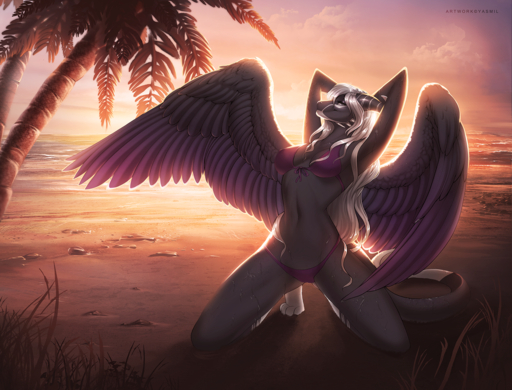 2018 anthro beach bikini biped breasts camel_toe clothing day detailed_background digital_media_(artwork) dragon feathered_dragon feathered_wings feathers female hair horn kneeling midnight_(yasmil) midriff navel nipple_outline non-mammal_breasts outside seaside sky smile solo swimwear water white_hair wings yasmil // 1500x1142 // 2.7MB