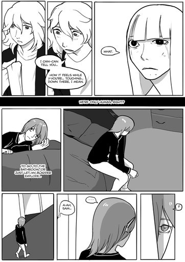 bed blush bottomwear clothing comic elf female furniture grimart hair howl_(grimart) humanoid humanoid_pointy_ears imminent_sex jacket leto_(grimart) long_hair male monochrome not_furry pants pillow sam_(grimart) shirt sitting topwear walking // 620x877 // 236.9KB