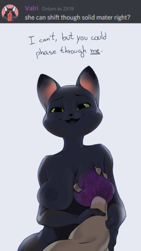 2020 animated anthro areola ask_blog black_eyes breast_grab breasts dialogue domestic_cat english_text felid feline felis feliscede female fur green_sclera grey_body grey_fur guided_breast_grab hand_on_breast hologram human looking_at_viewer mammal nipples open_mouth phasing short_playtime simple_background solo subtle_animation text void_(feliscede) white_background // 563x1000 // 5.3MB