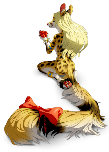 2016 4_toes anthro biped blonde_hair breasts casual_nudity digitigrade eyes_closed feet female flower fur genet hair hauringu hi_res inner_ear_fluff kneeling long_tail mammal nude pawpads plant red_nose red_pawpads simple_background smile solo spots spotted_body spotted_fur toes tuft under_boob viverrid white_background wide_hips yellow_body yellow_fur // 1200x1680 // 861.0KB