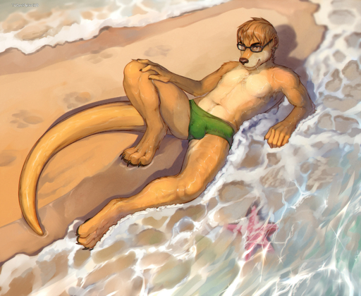 anthro beach brown_body brown_eyes brown_fur brown_hair bulge claws clothed clothing detailed_background erection erection_under_clothing eyewear fur genital_outline genitals glasses hair hi_res looking_at_viewer lutrine lying male mammal multicolored_body multicolored_fur mustelid navel on_back outside penis penis_outline sand seaside smile solo speedo star swimwear tarrin toe_claws topless totesfleisch8 two_tone_body two_tone_fur water whiskers // 1920x1575 // 542.2KB